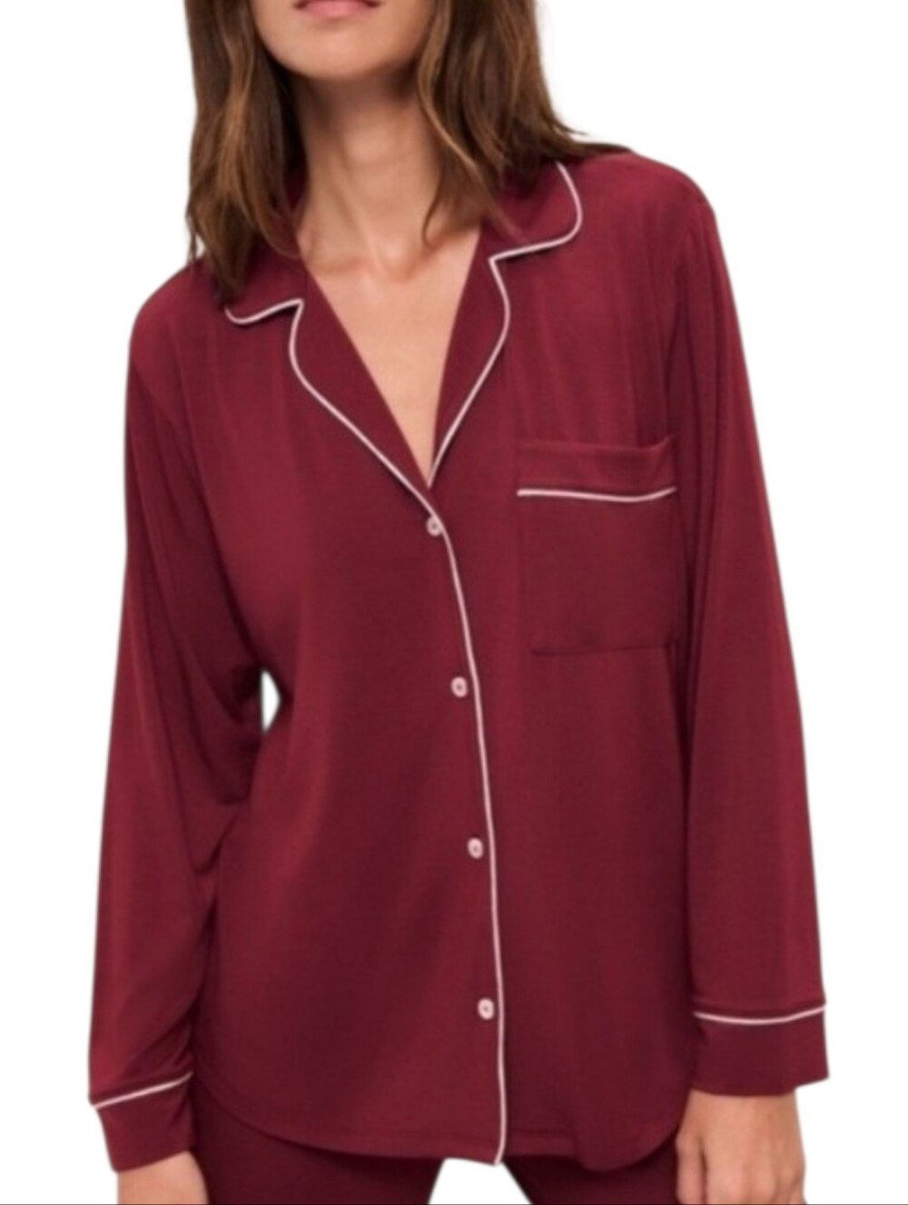 Eberjey Gisele Burgundy Piped Long-Sleeve Pajama Top M
